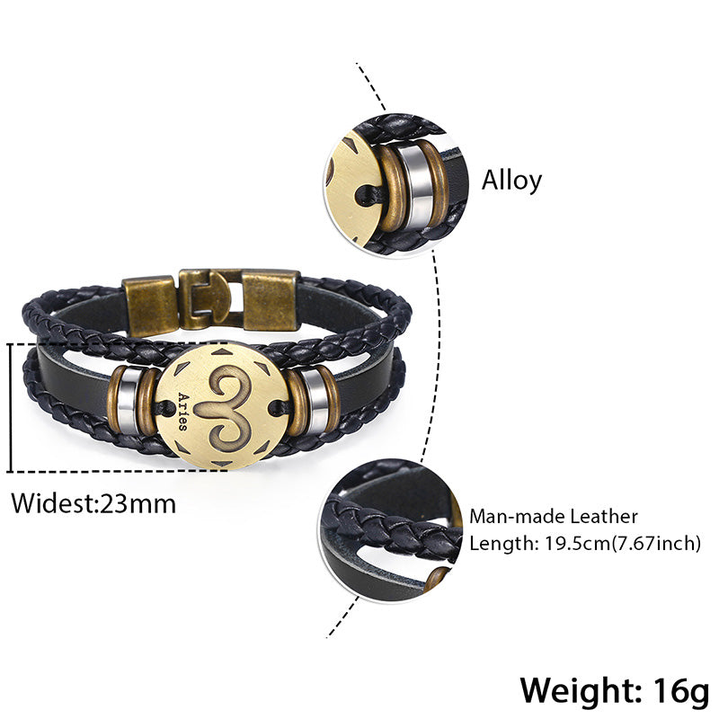 12 Zodiac Sign Horoscope Men's Leather Bracelet