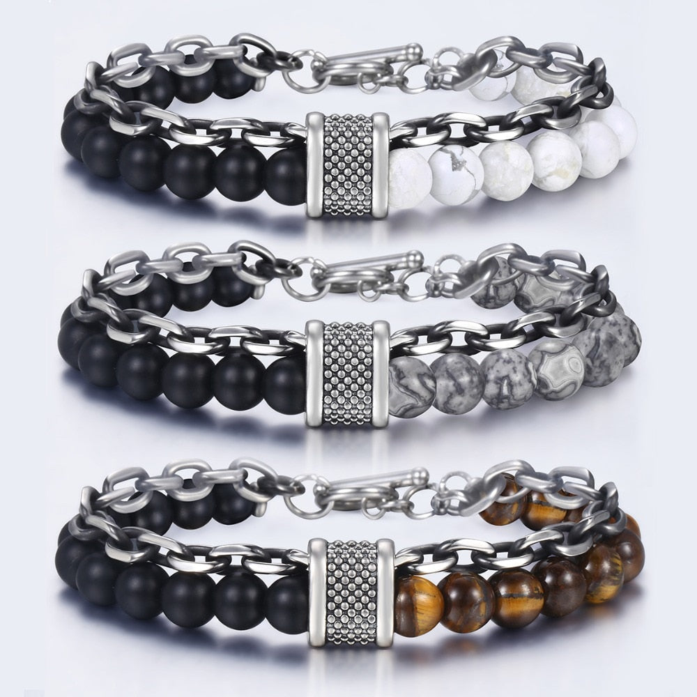 Natural Map Stone Men's Beaded Bracelet