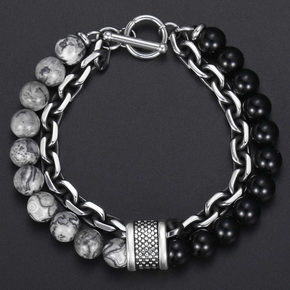 Natural Map Stone Men's Beaded Bracelet