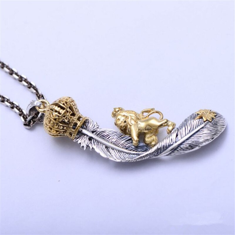 Sterling Silver Retro Crown Lion Feather Necklace