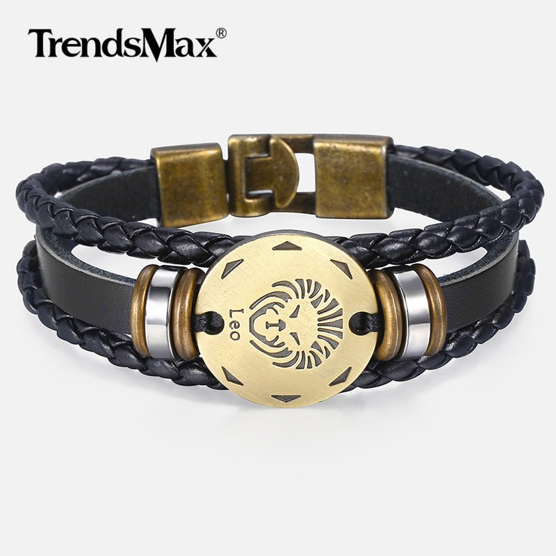 12 Zodiac Sign Horoscope Men's Leather Bracelet