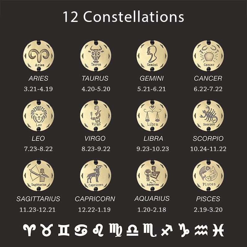 12 Zodiac Sign Horoscope Men's Leather Bracelet