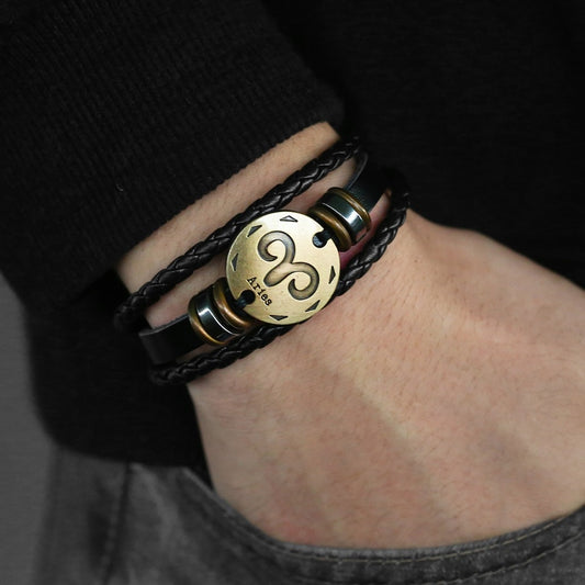 12 Zodiac Sign Horoscope Men's Leather Bracelet