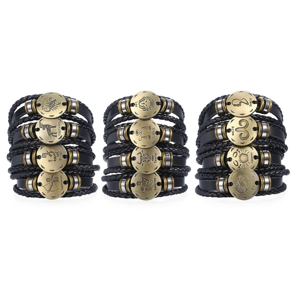 12 Zodiac Sign Horoscope Men's Leather Bracelet