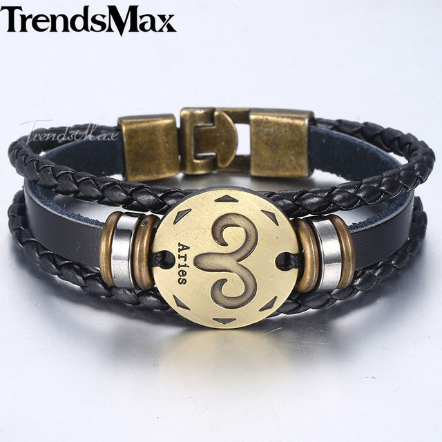 12 Zodiac Sign Horoscope Men's Leather Bracelet