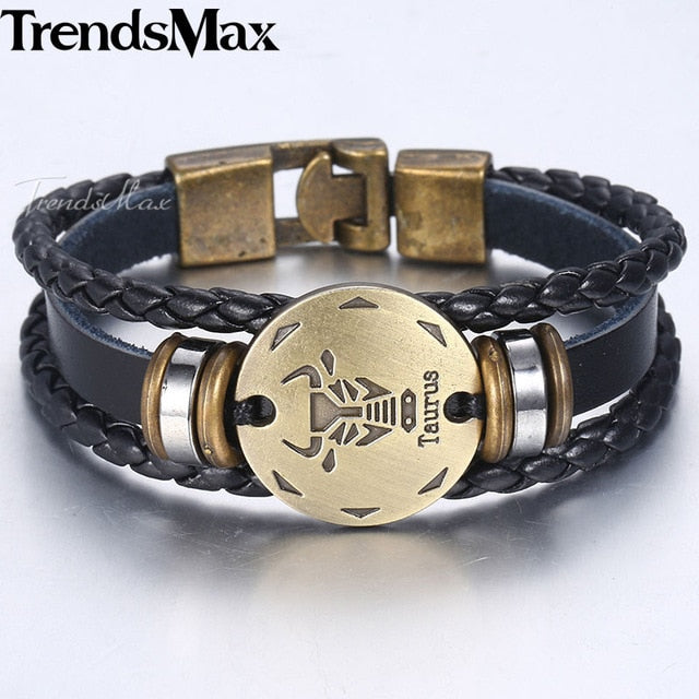 12 Zodiac Sign Horoscope Men's Leather Bracelet