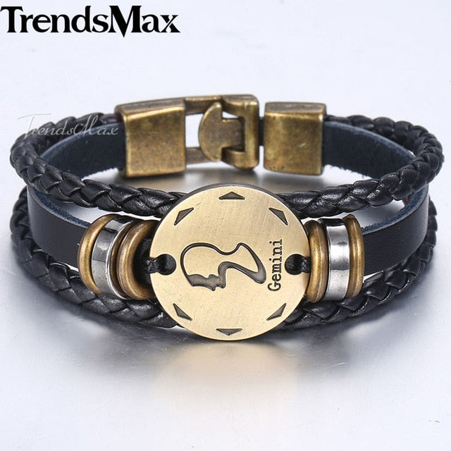 12 Zodiac Sign Horoscope Men's Leather Bracelet