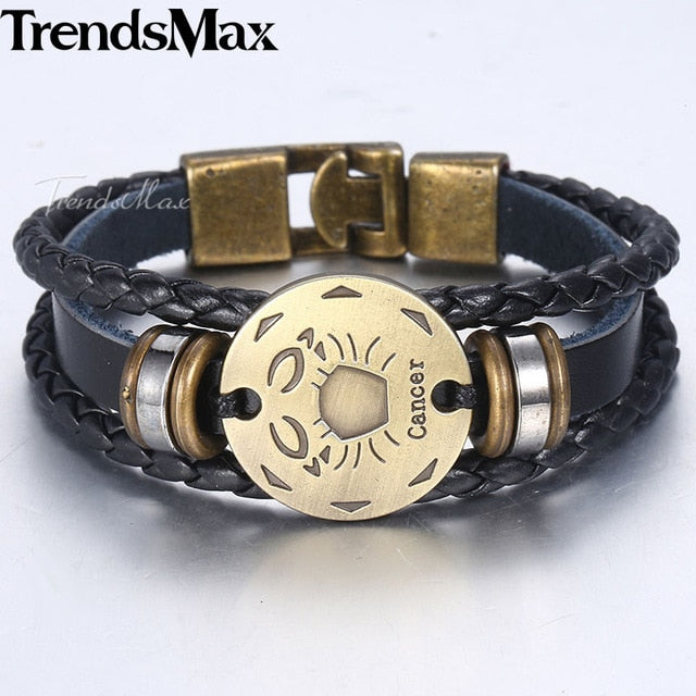 12 Zodiac Sign Horoscope Men's Leather Bracelet