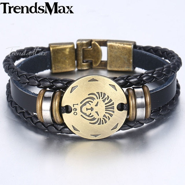 12 Zodiac Sign Horoscope Men's Leather Bracelet