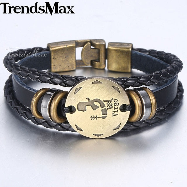 12 Zodiac Sign Horoscope Men's Leather Bracelet