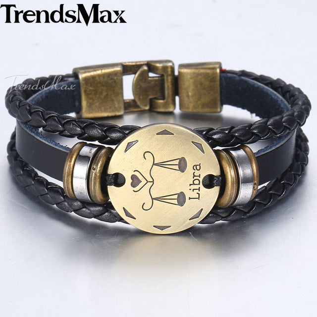 12 Zodiac Sign Horoscope Men's Leather Bracelet