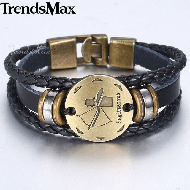 12 Zodiac Sign Horoscope Men's Leather Bracelet