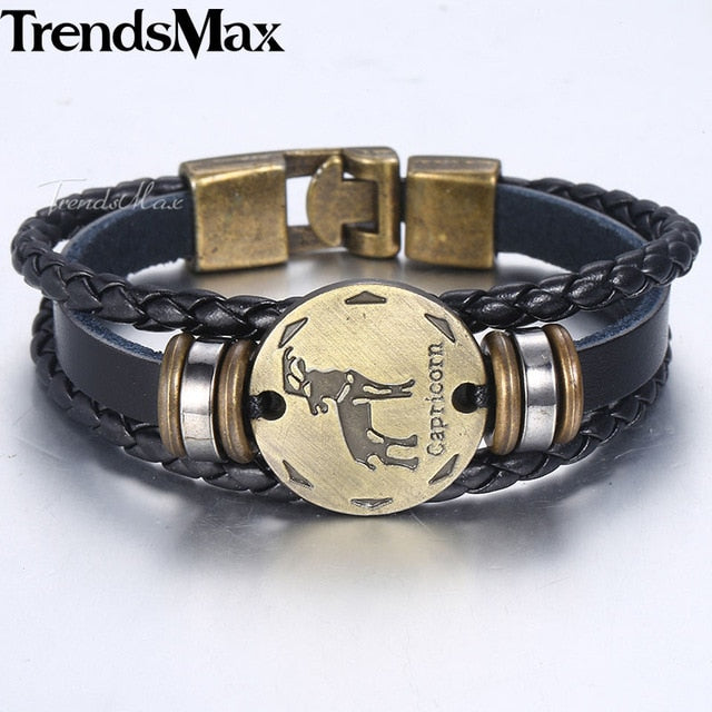 12 Zodiac Sign Horoscope Men's Leather Bracelet