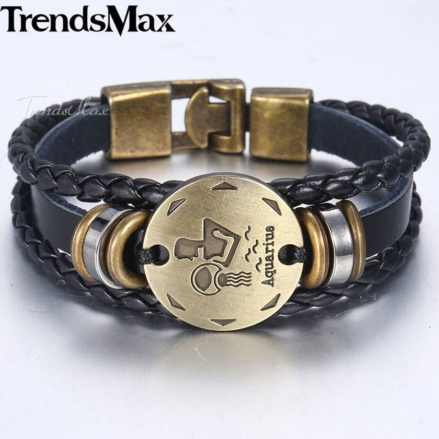 12 Zodiac Sign Horoscope Men's Leather Bracelet