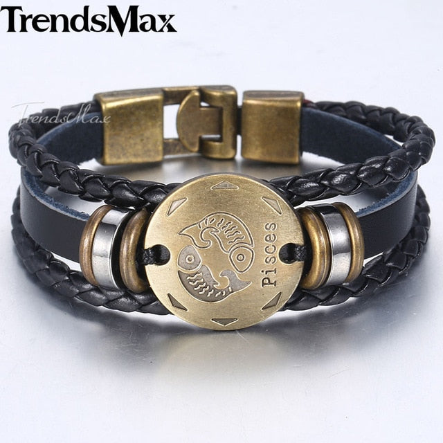 12 Zodiac Sign Horoscope Men's Leather Bracelet