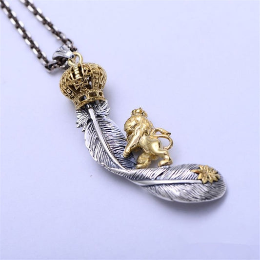 Sterling Silver Retro Crown Lion Feather Necklace